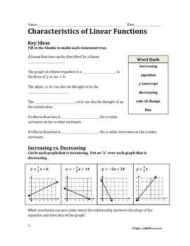 characteristics of linear functions worksheet